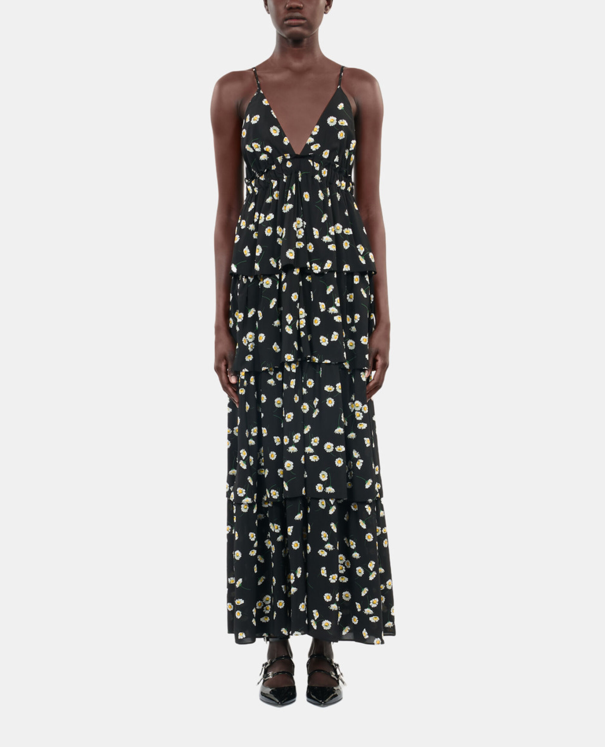 Floral printed long dress, BLACK WHITE, hi-res image number null