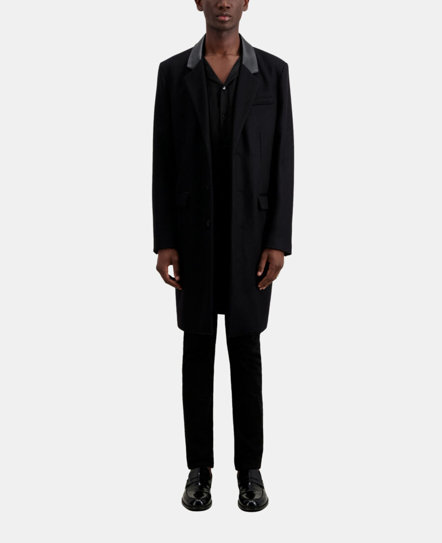 long black coat in wool blend with leather details