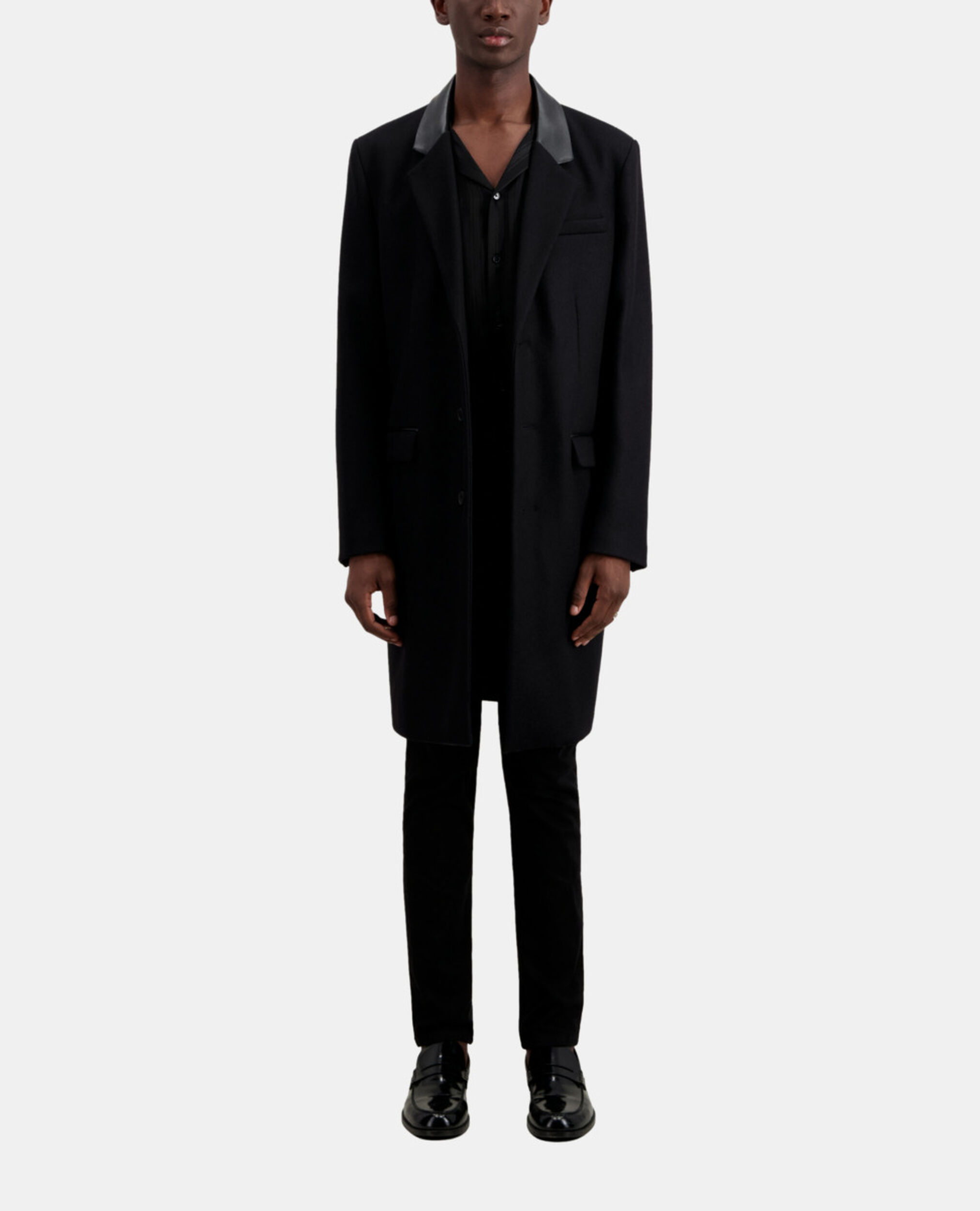 Long black coat in wool blend with leather details, BLACK, hi-res image number null