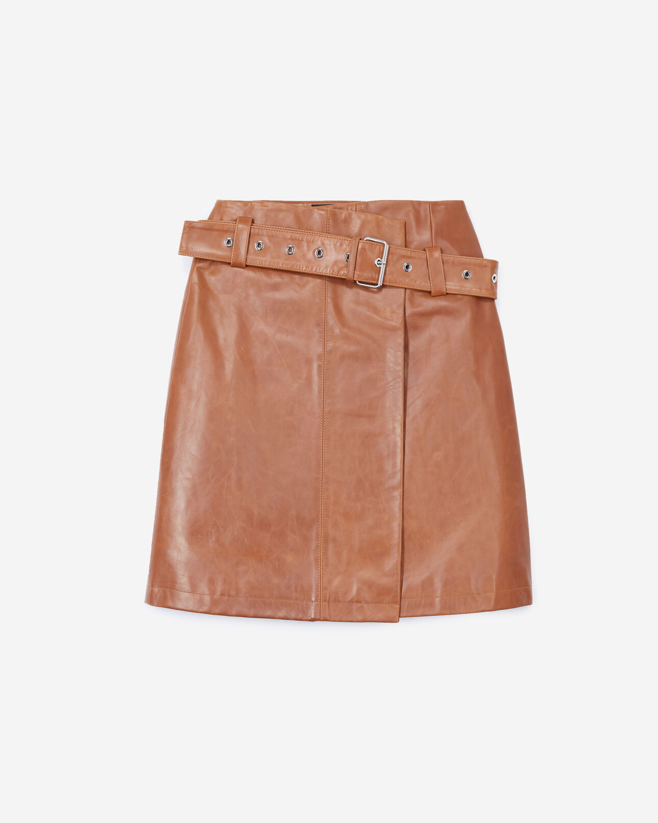 The Kooples FEMME BROWN jupe courte cuir marron ceinturée