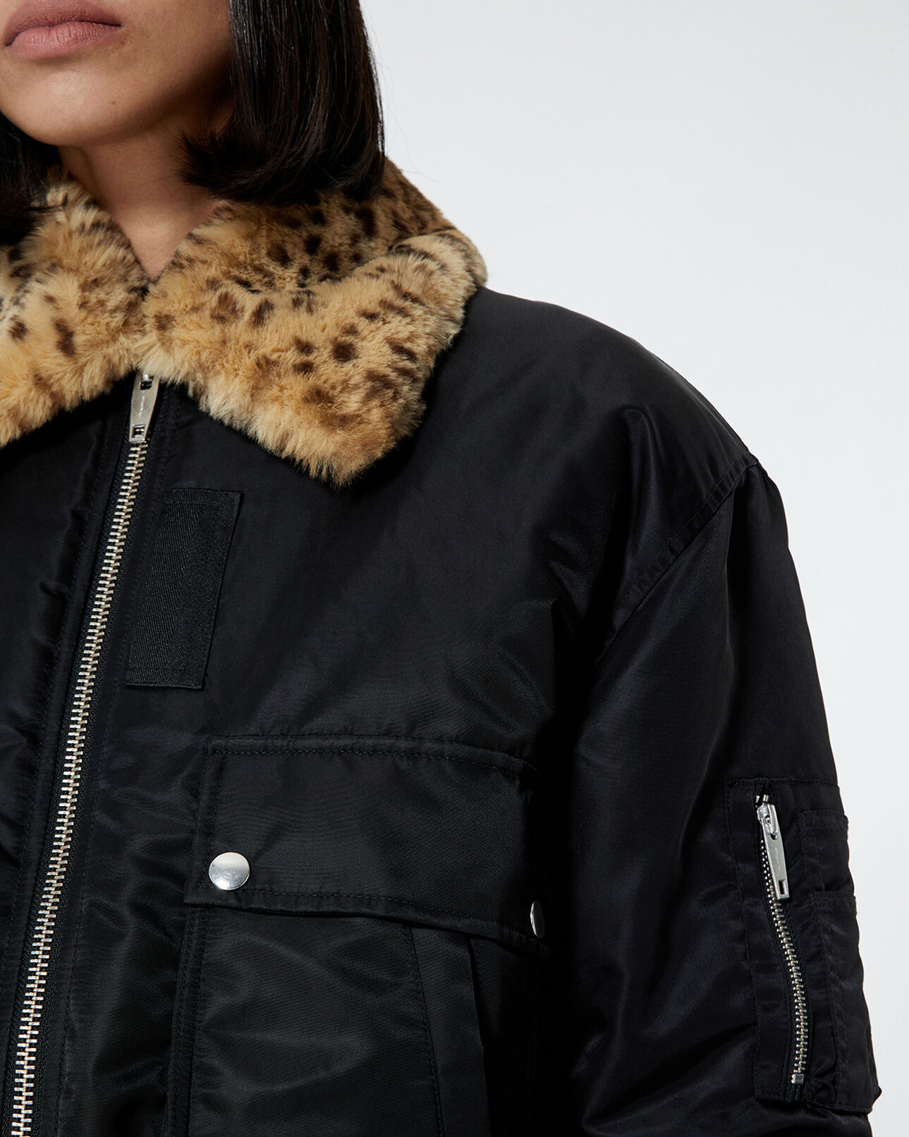 The Kooples FEMME BLACK blouson tissu technique noir col fourré