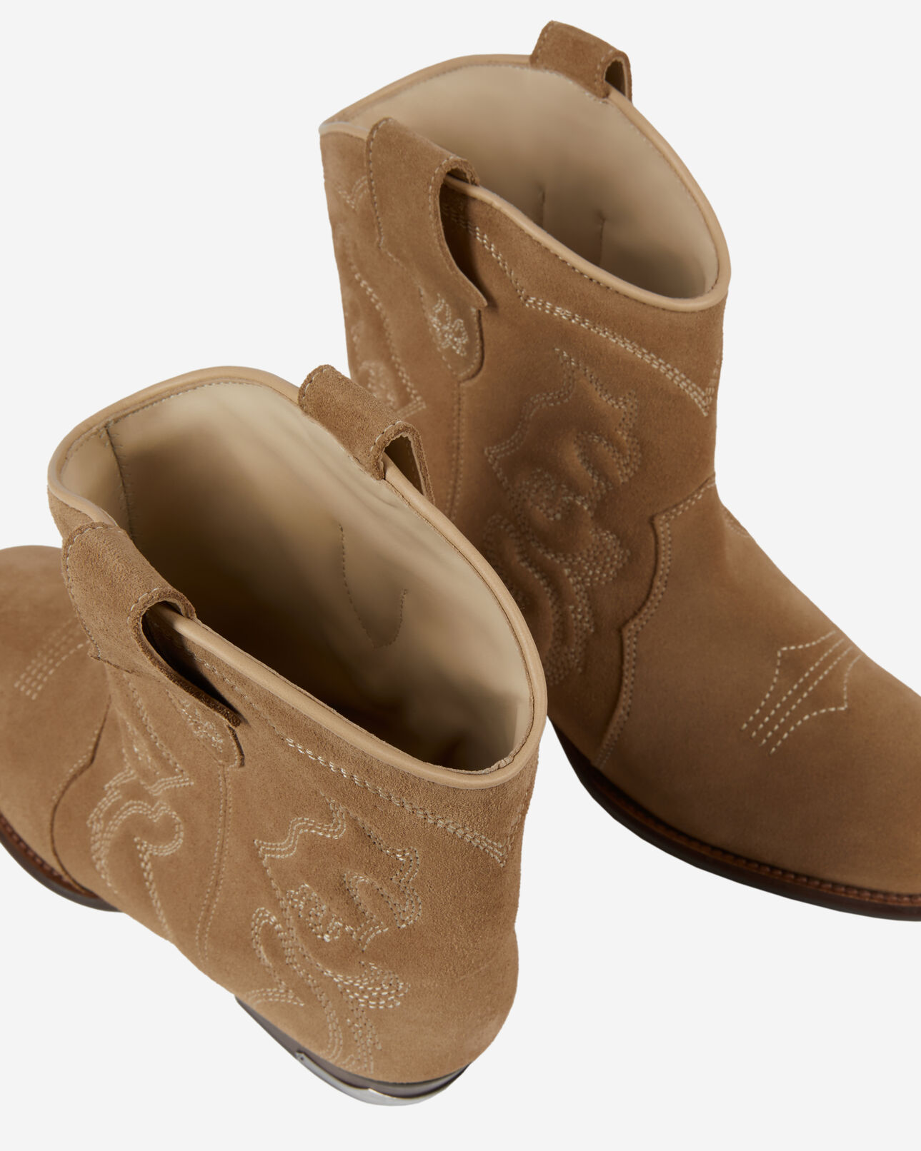 The Kooples WOMEN BROWN western ankle boots in beige suede leather