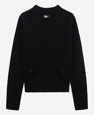 The Kooples FEMME BLACK pull col v en laine mérinos noir