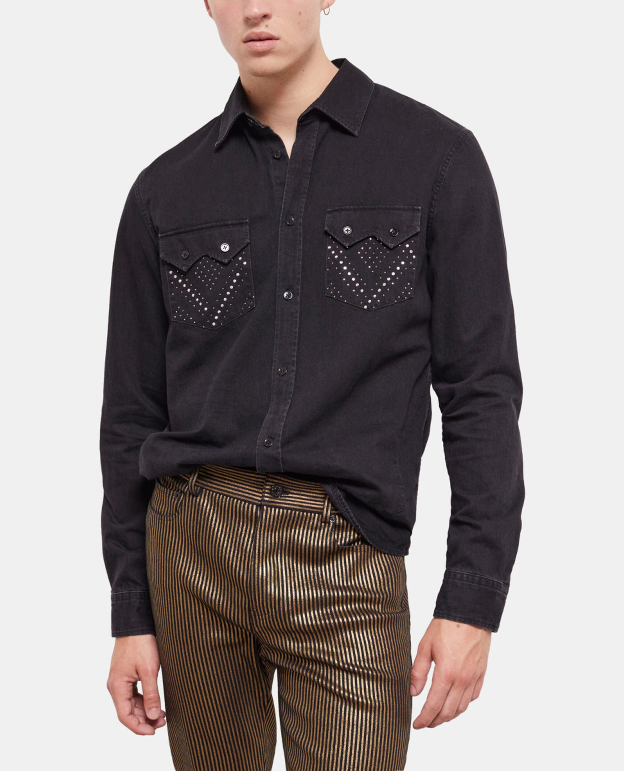 Black studded shirt with classic collar, BLACK WASHED, hi-res image number null