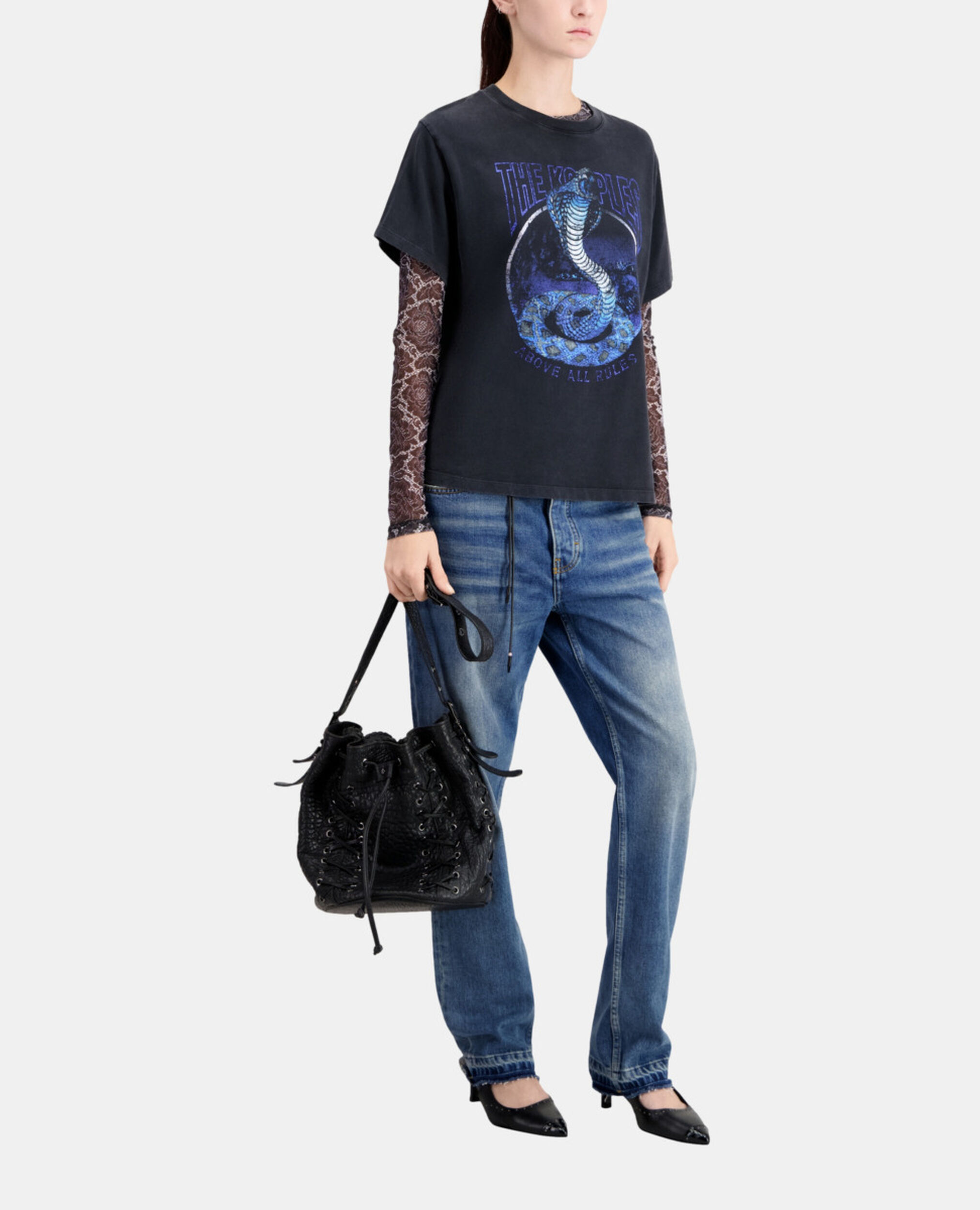 Schwarzes T-Shirt Damen mit „Cobra“-Siebdruck, BLACK BLUE, hi-res image number null