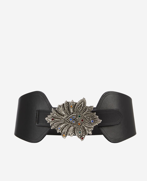 wide black leather belt with flower buckle