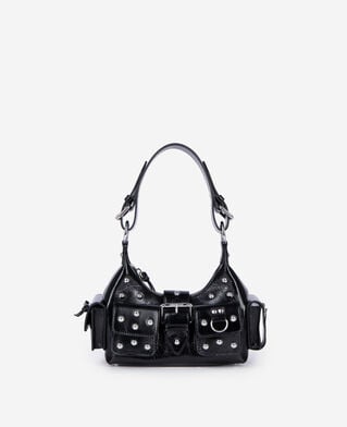 The Kooples FEMME BLACK sac amelia small en cuir craquelé noir avec clous