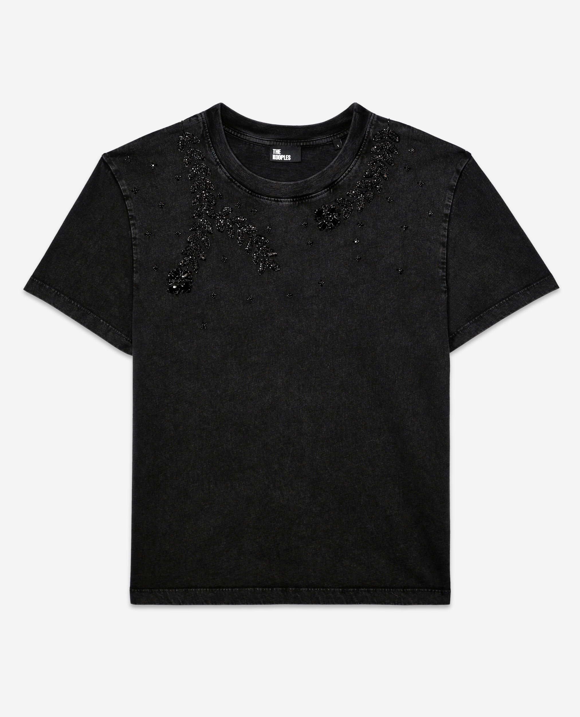 Black t-shirt with bijou embroidery, BLACK WASHED, hi-res image number null