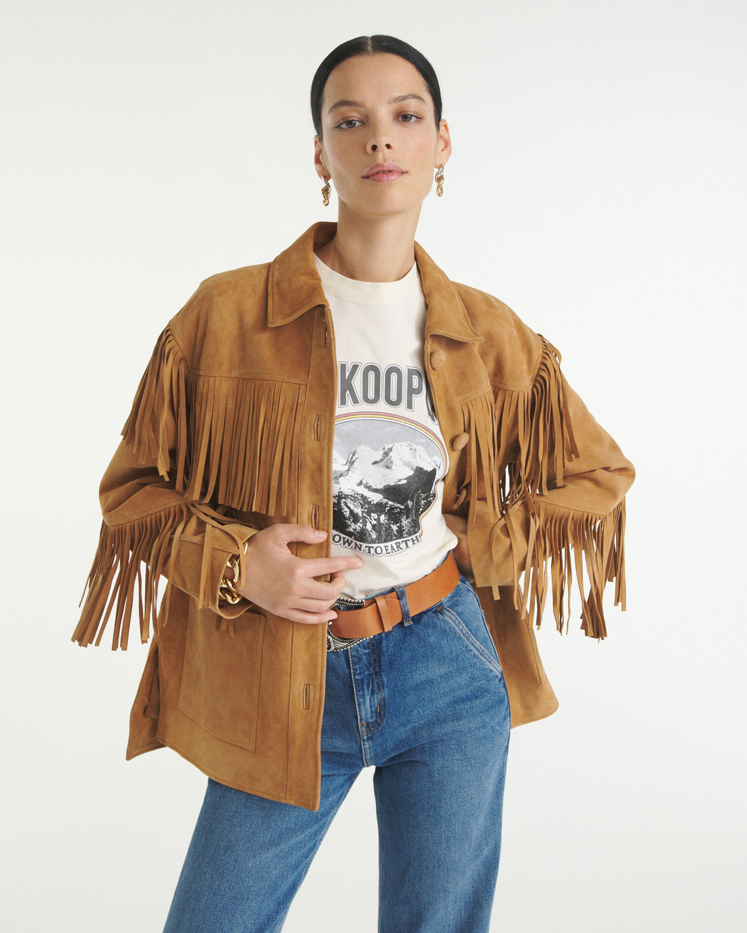 Camel suede jacket with fringing, CAMEL, hi-res image number null