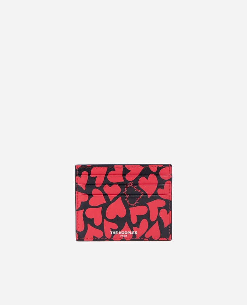 The Kooples WOMEN BLACK WHITE black leather card holder with hearts print