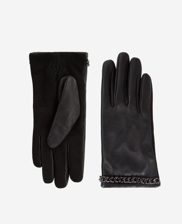 women's black leather gloves with chain