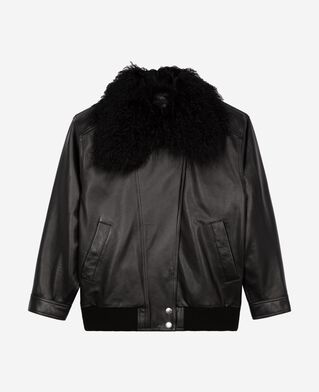The Kooples DAMEN BLACK lederjacke mit abnehmbarem pelzkragen schwarz