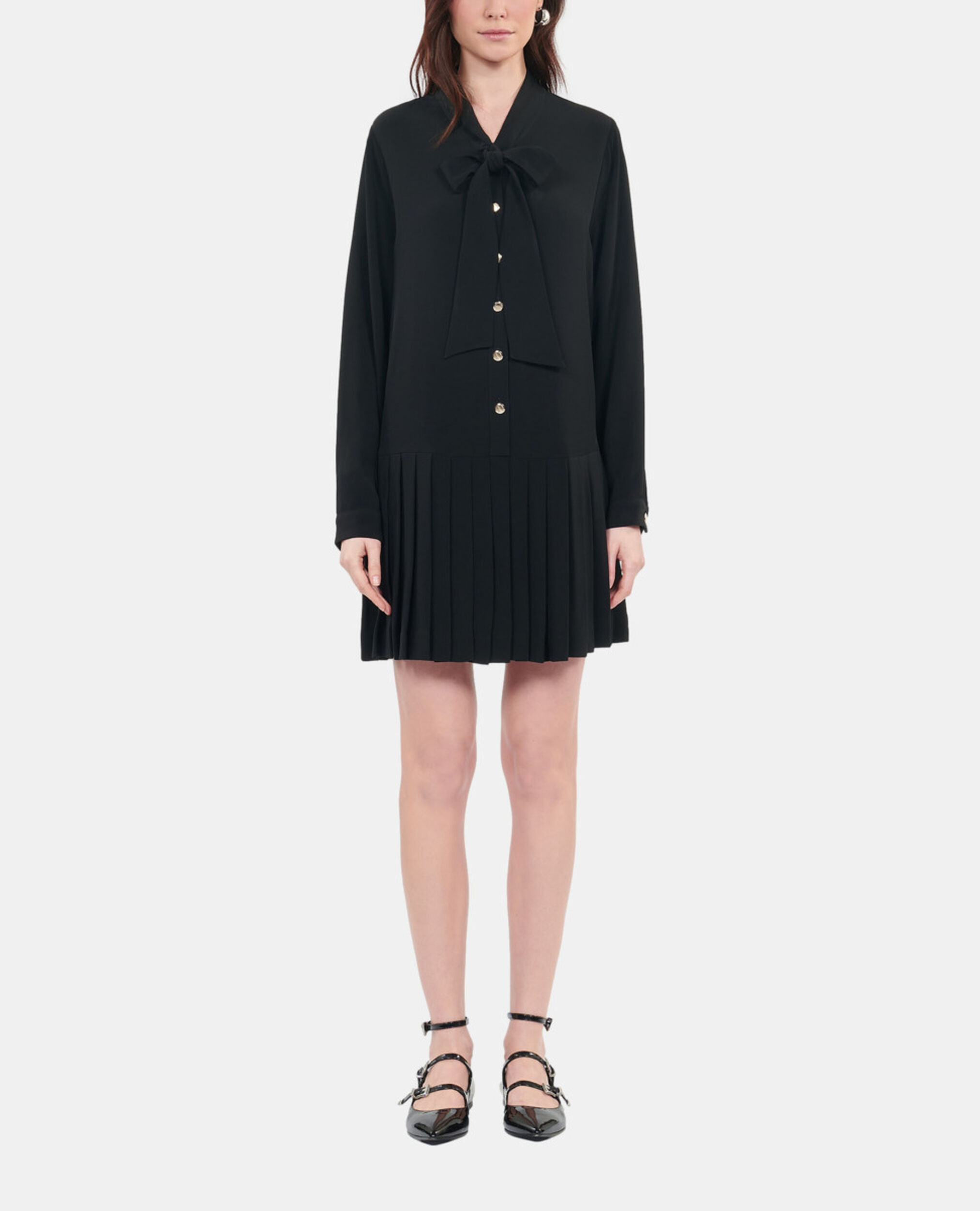Short black dress with pleating, BLACK, hi-res image number null
