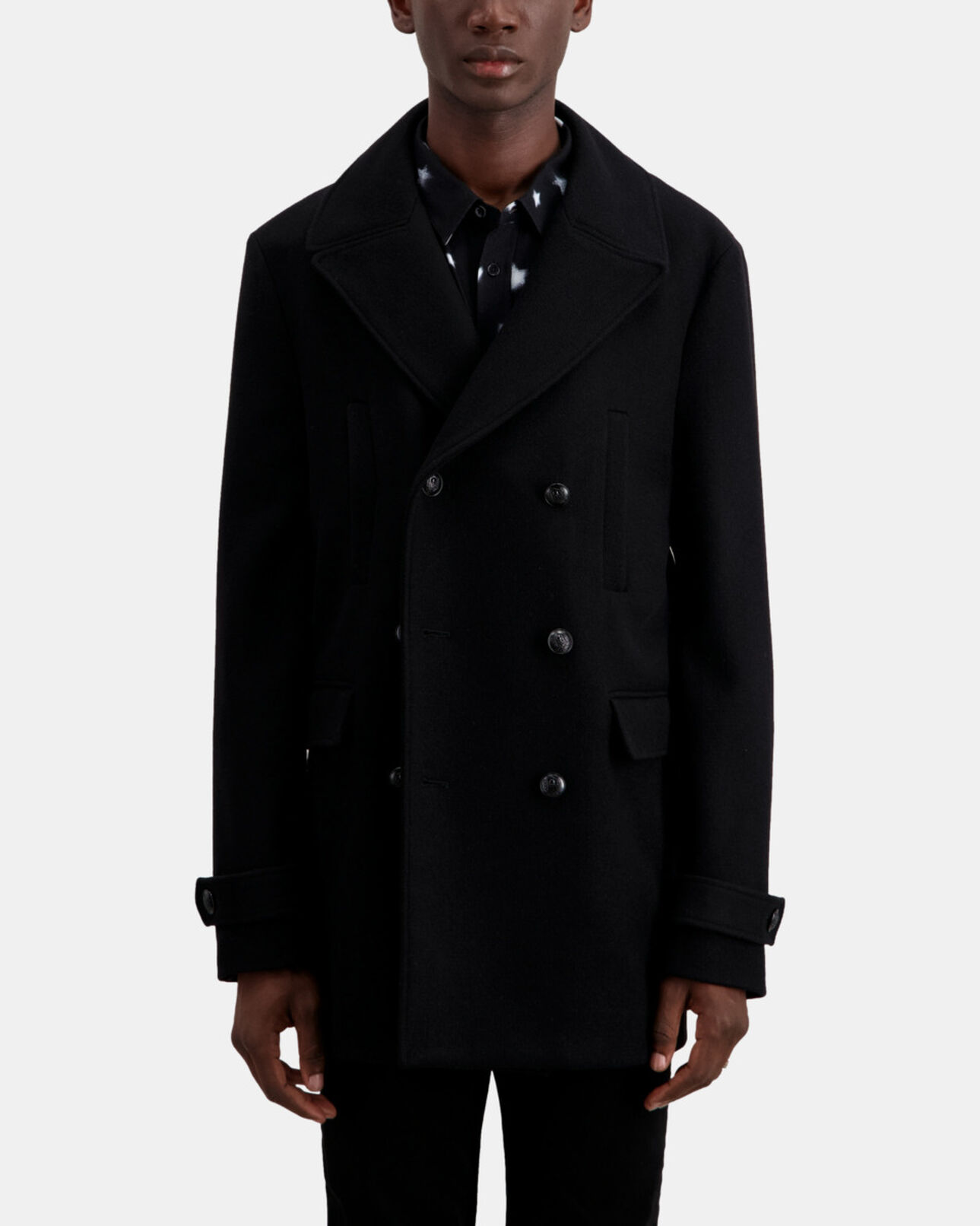 The Kooples MEN BLACK wool-blend mid-length black pea coat