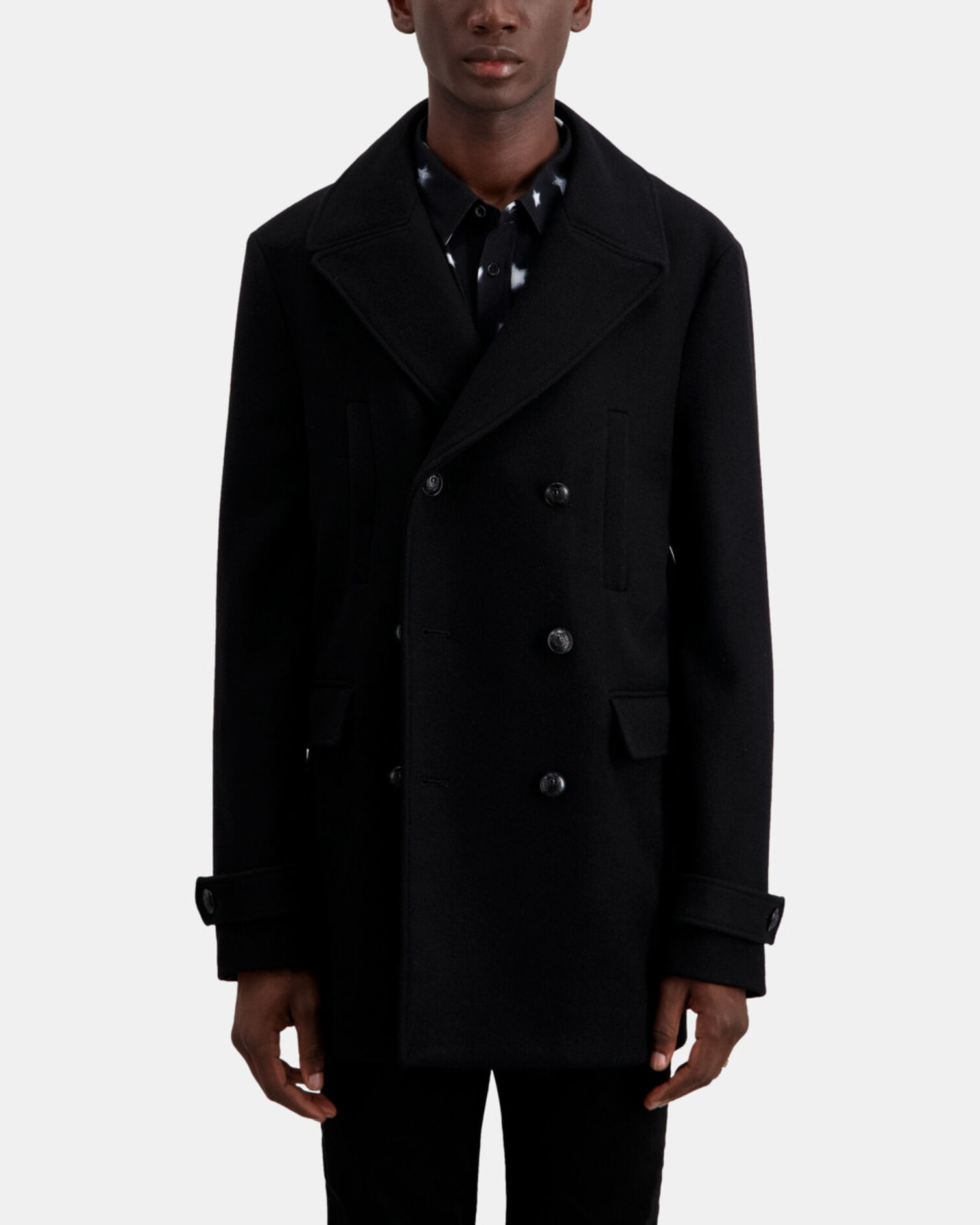 Wool-blend mid-length black pea coat, BLACK, hi-res image number null
