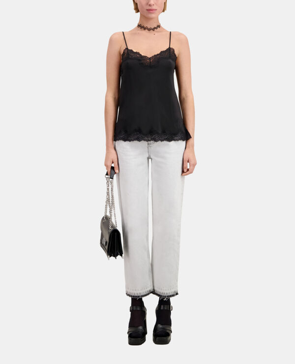 black silk camisole with lace details