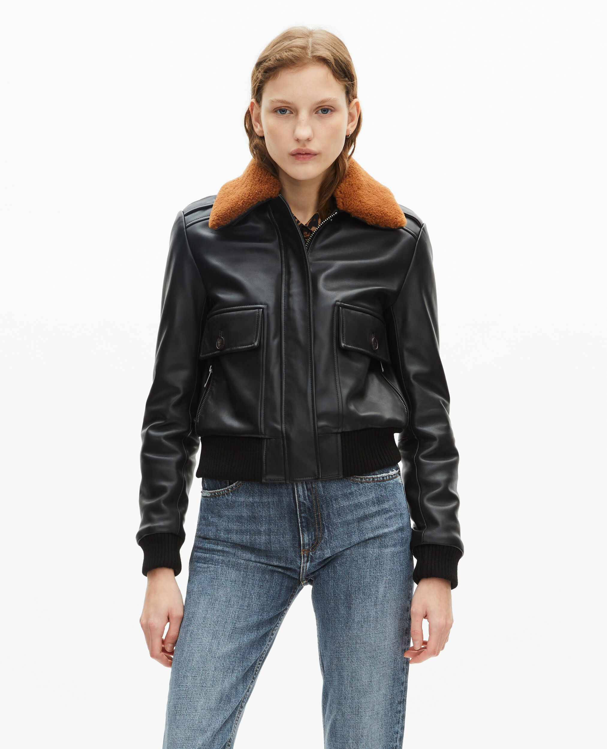Short black smooth leather jacket with sherpa collar | The Kooples US