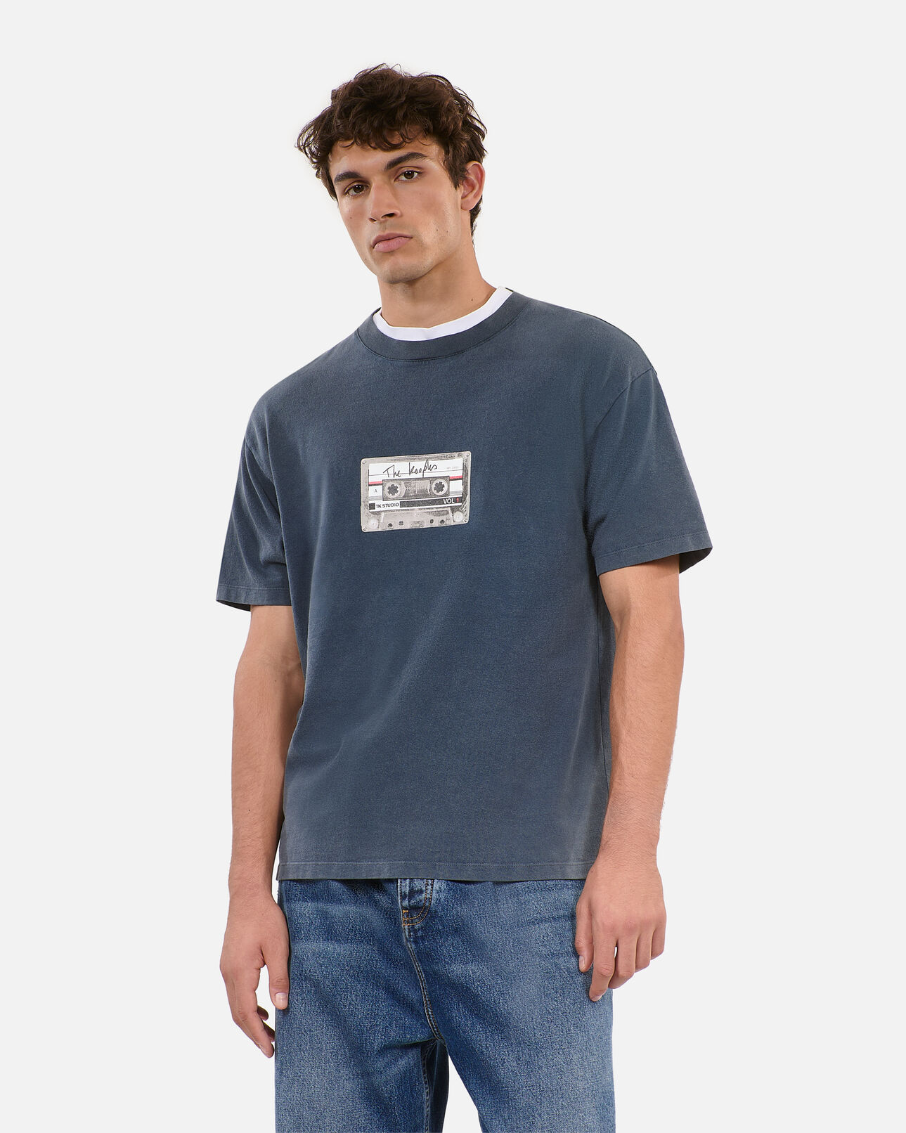 The Kooples HERREN CARBONE karbonblaues t-shirt mit siebdruck