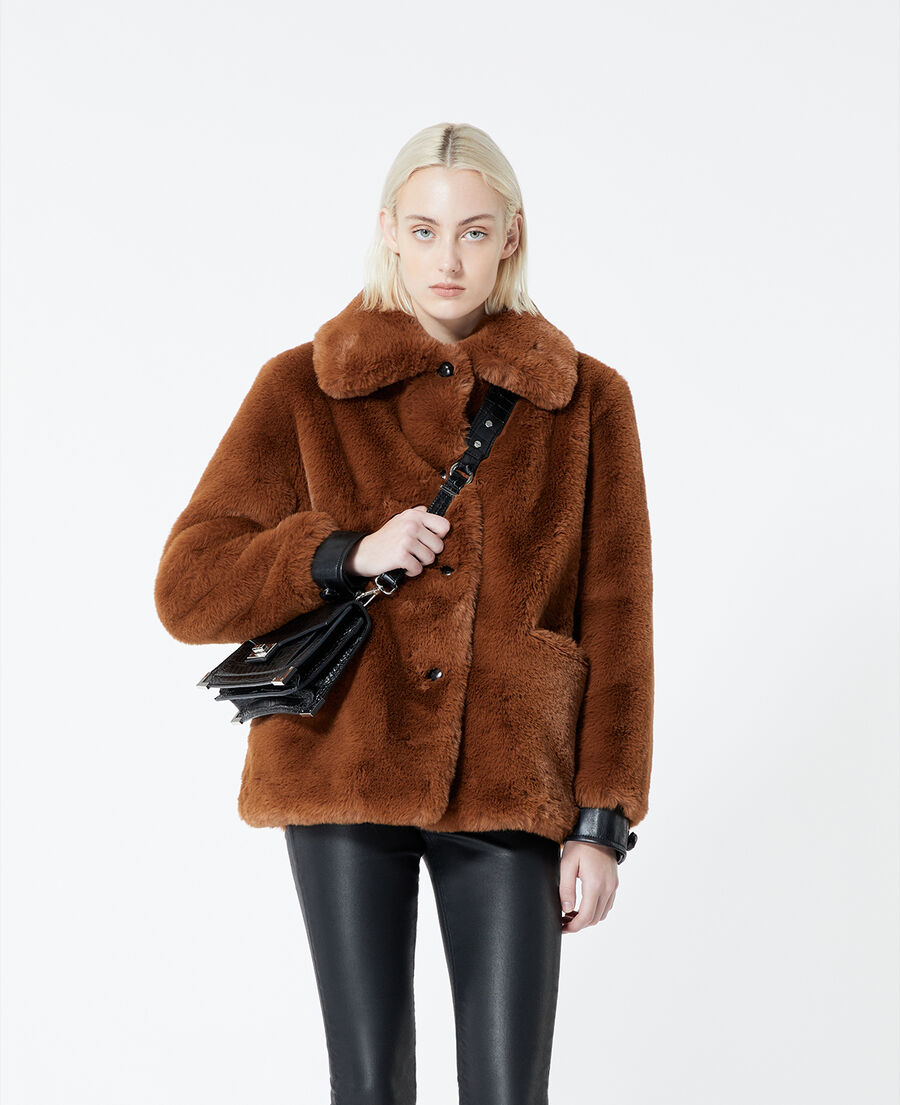 Brown faux fur coat with leather details | The Kooples - US
