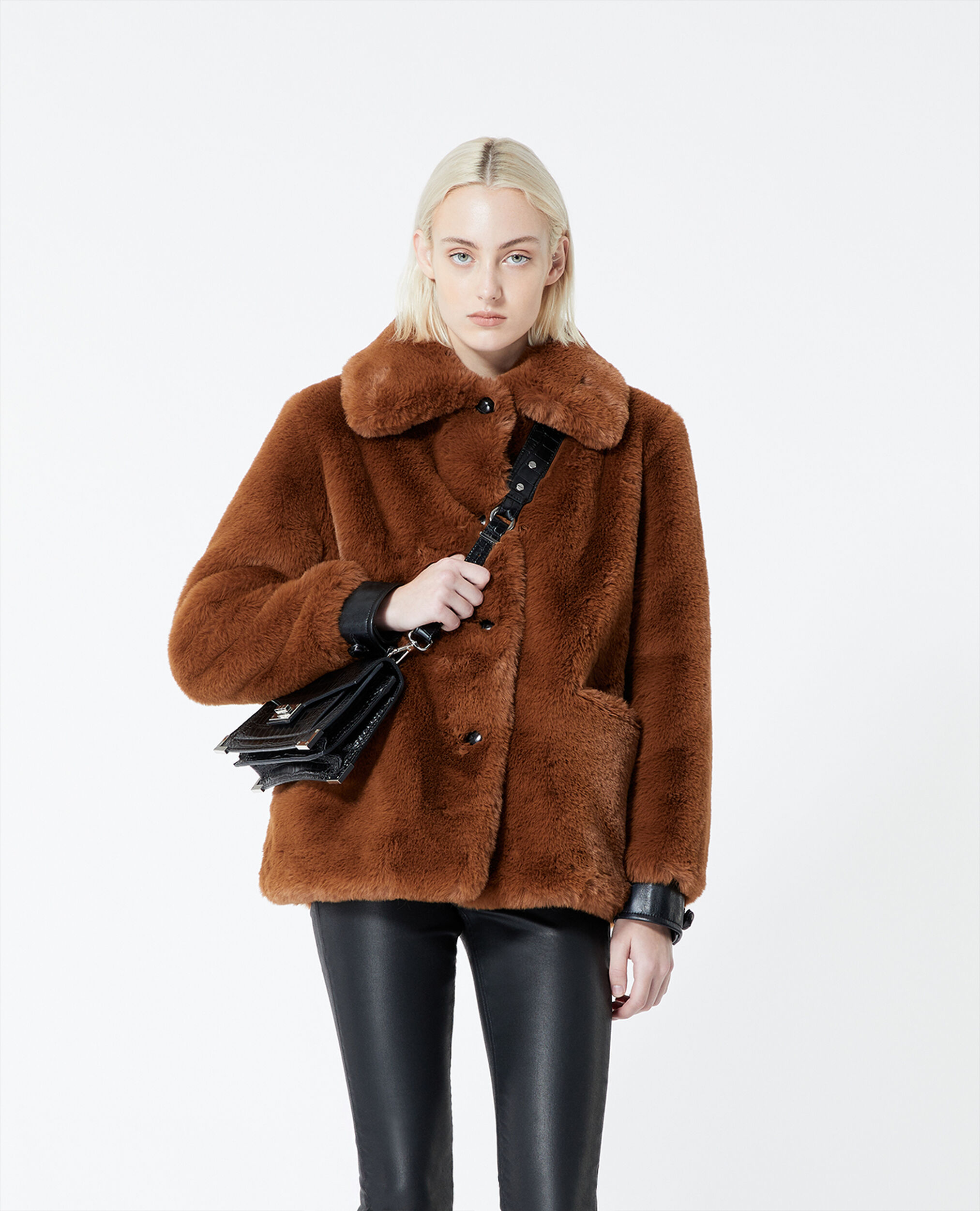 Brown faux fur coat with leather details, COGNAC, hi-res image number null