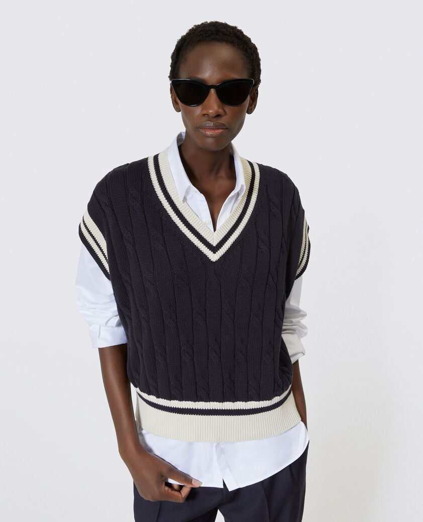 The Kooples FEMME NAVY ECRU pull sans manches en coton marine