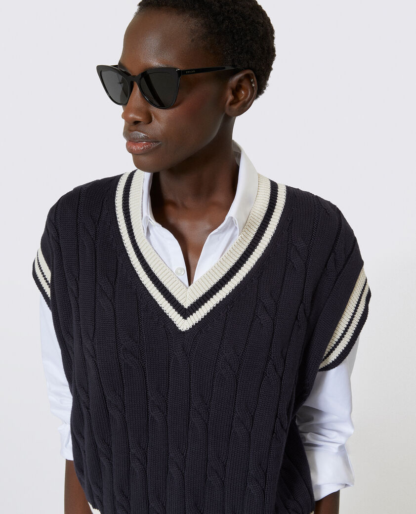 The Kooples FEMME NAVY ECRU pull sans manches en coton marine