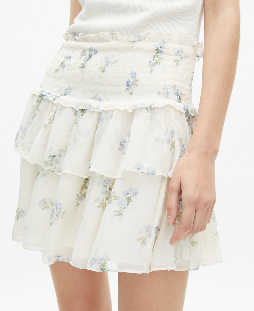 The Kooples FEMME WHITE / SKY BLUE jupe courte à volants imprimé fleuri blanc