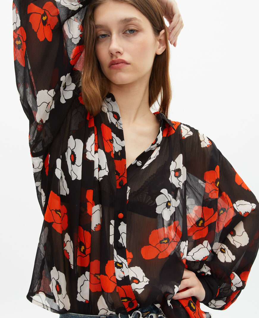 The Kooples F BLACK RED OFF WHITE loose-fitting black floral print shirt