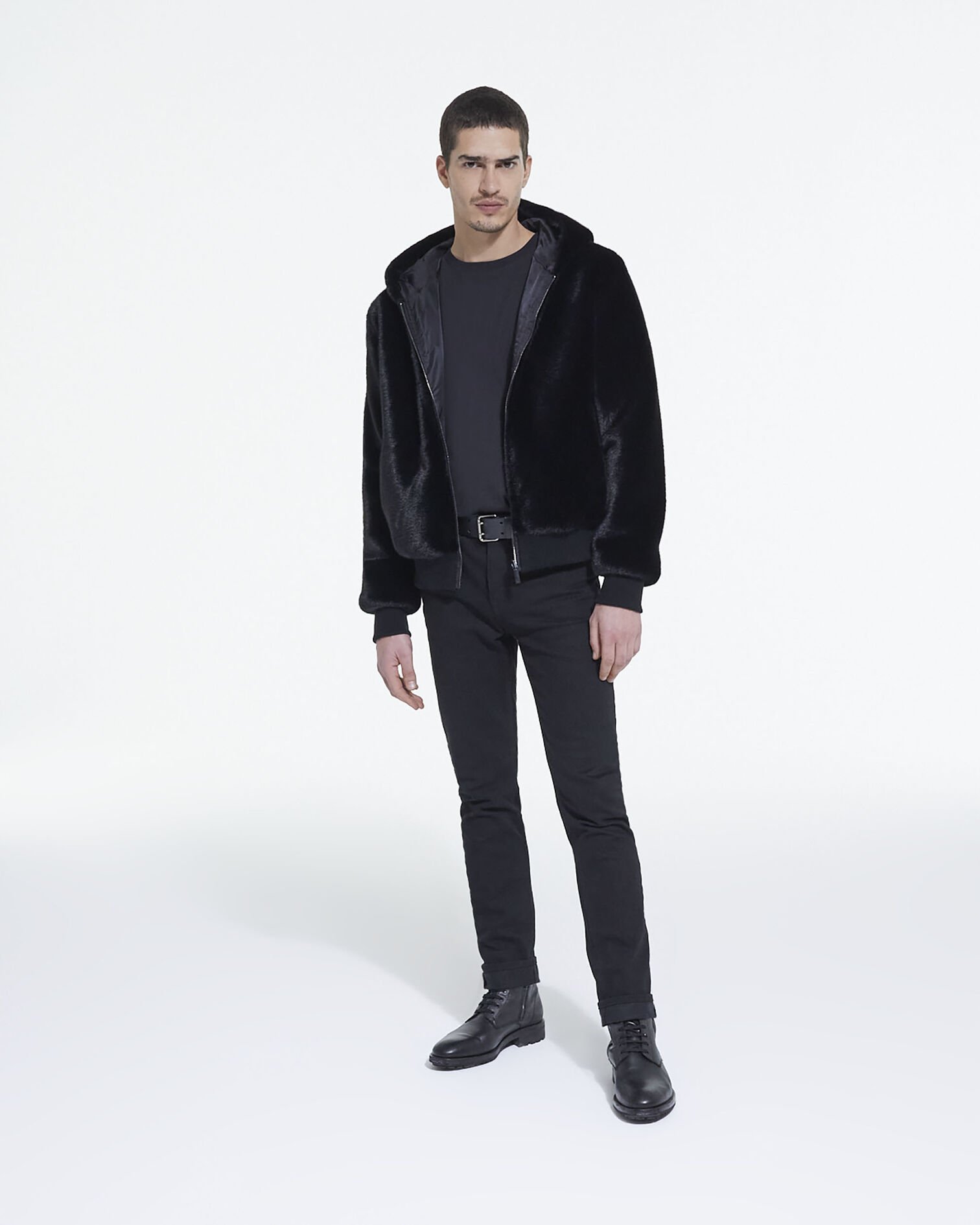 Manteau fausse fourrure à capuche gris, BLACK, hi-res image number null