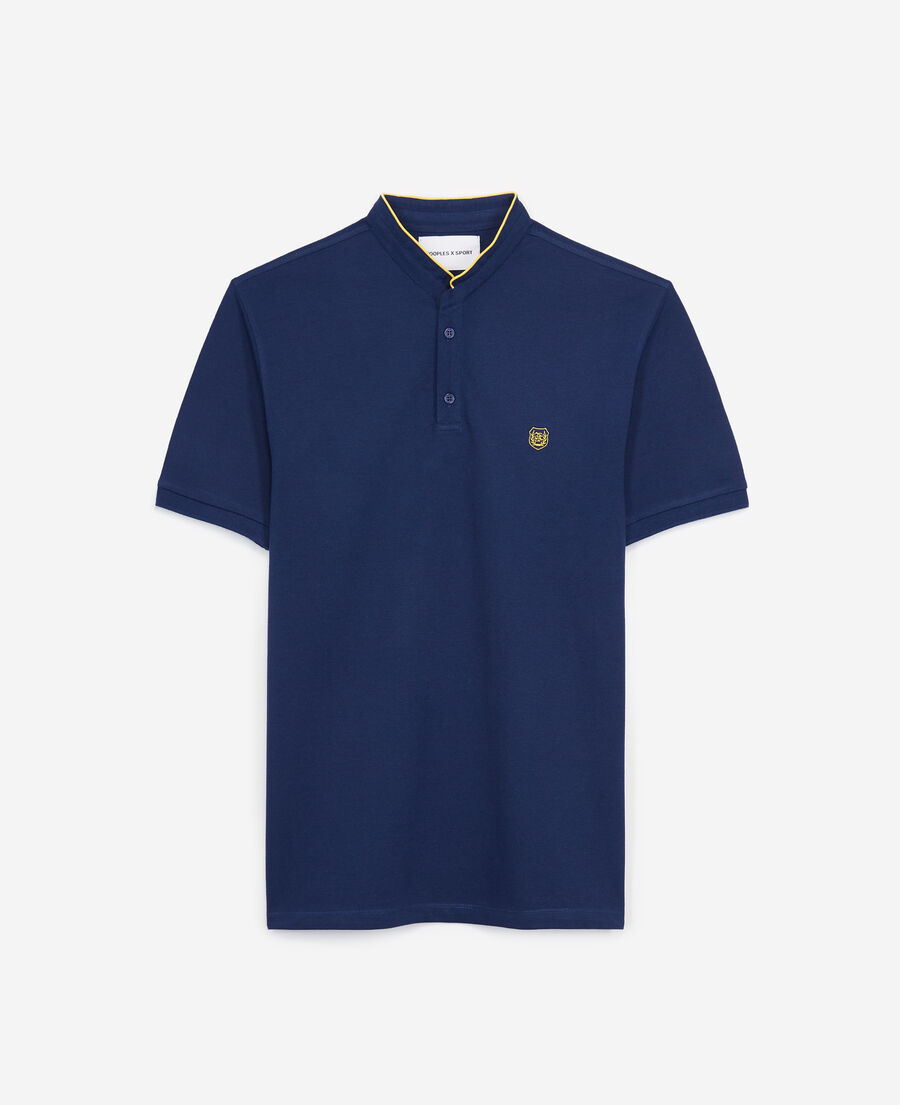 navy blue polo with light yellow details