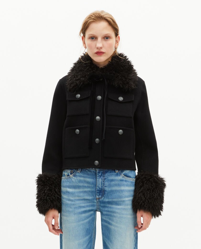 The Kooples F BLACK short black wool jacket with sherpa collar