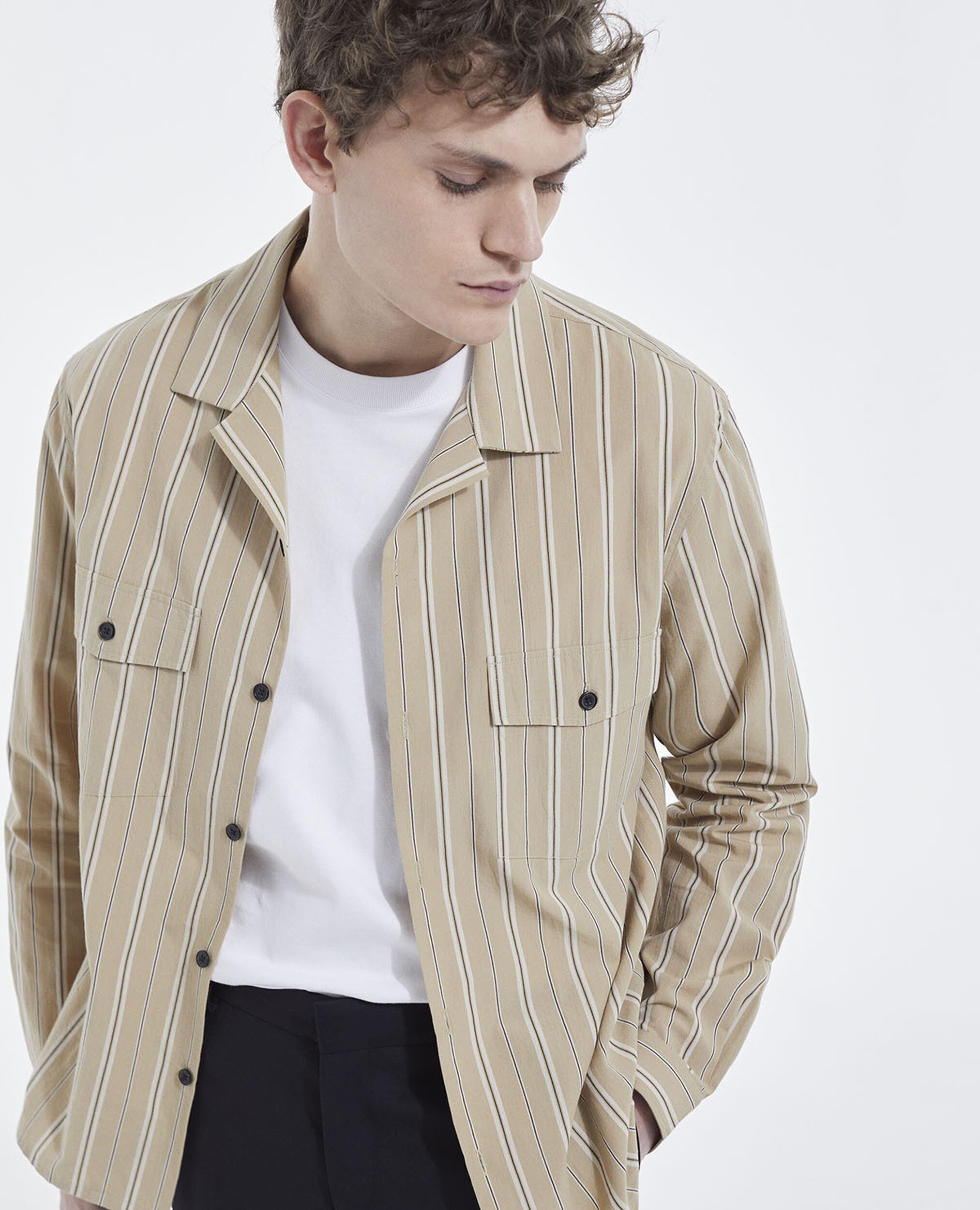 Beige striped Hawaiian-collar shirt, CAMEL / BLACK, hi-res image number null