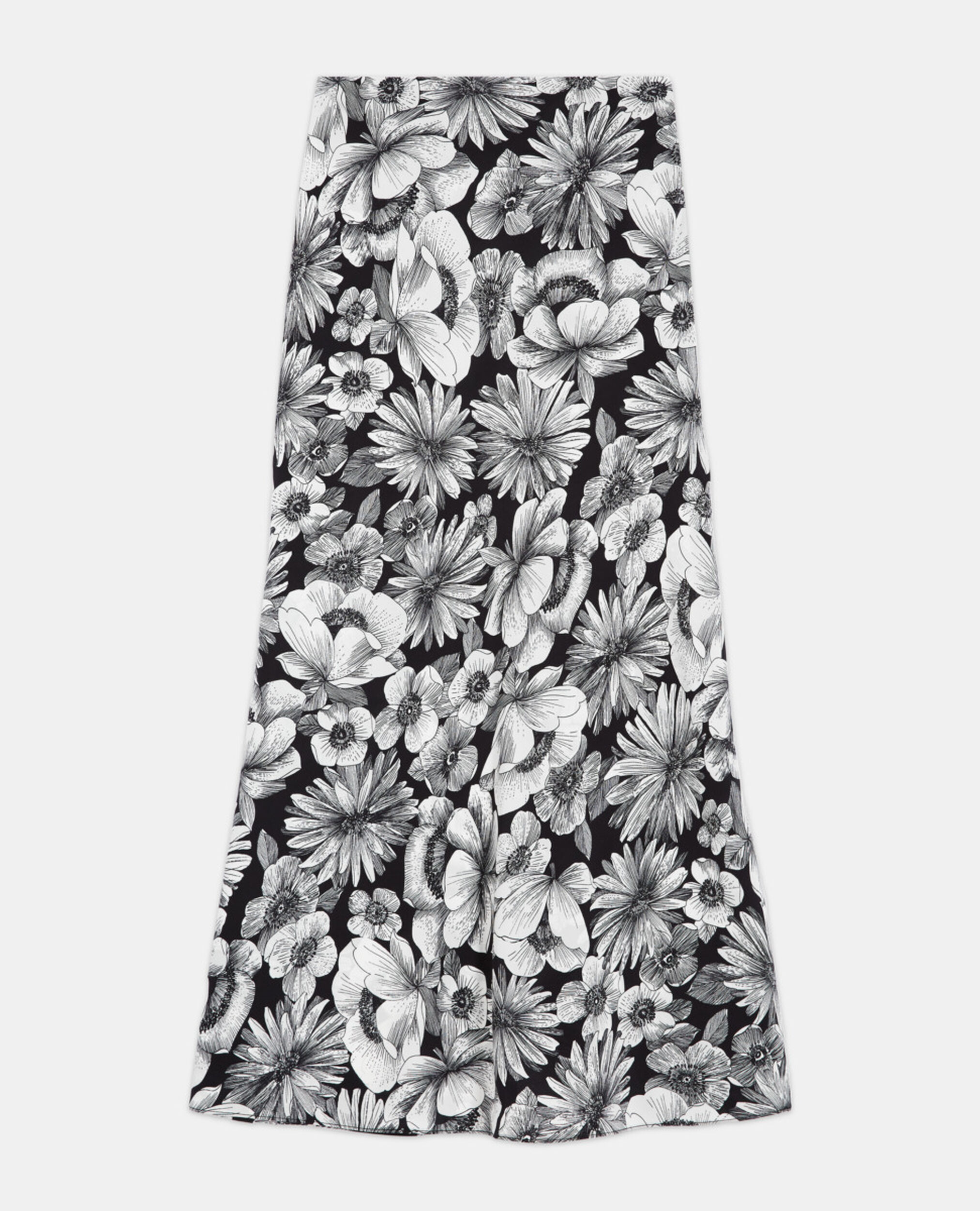 Long floral silk skirt, BLACK WHITE, hi-res image number null
