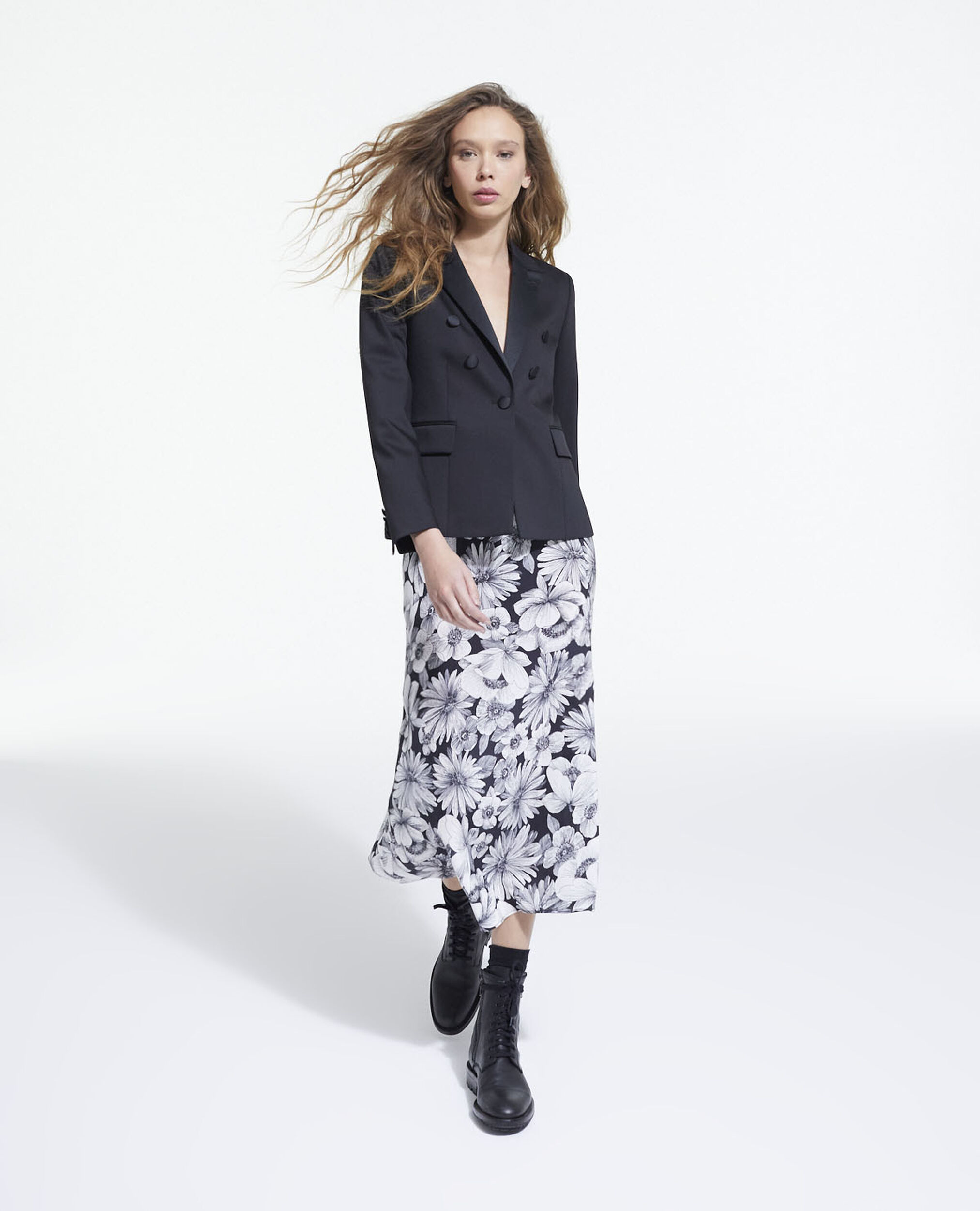 Long floral silk skirt, BLACK WHITE, hi-res image number null