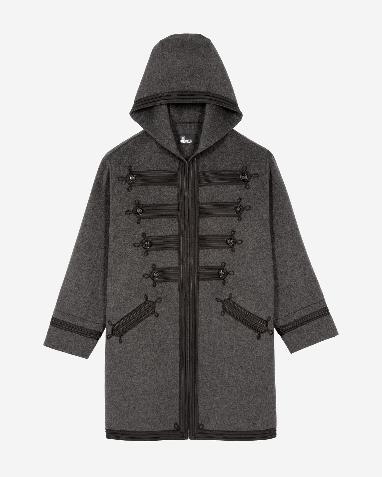 The Kooples WOMEN PETROL GREY long hooded pea jacket in grey wool