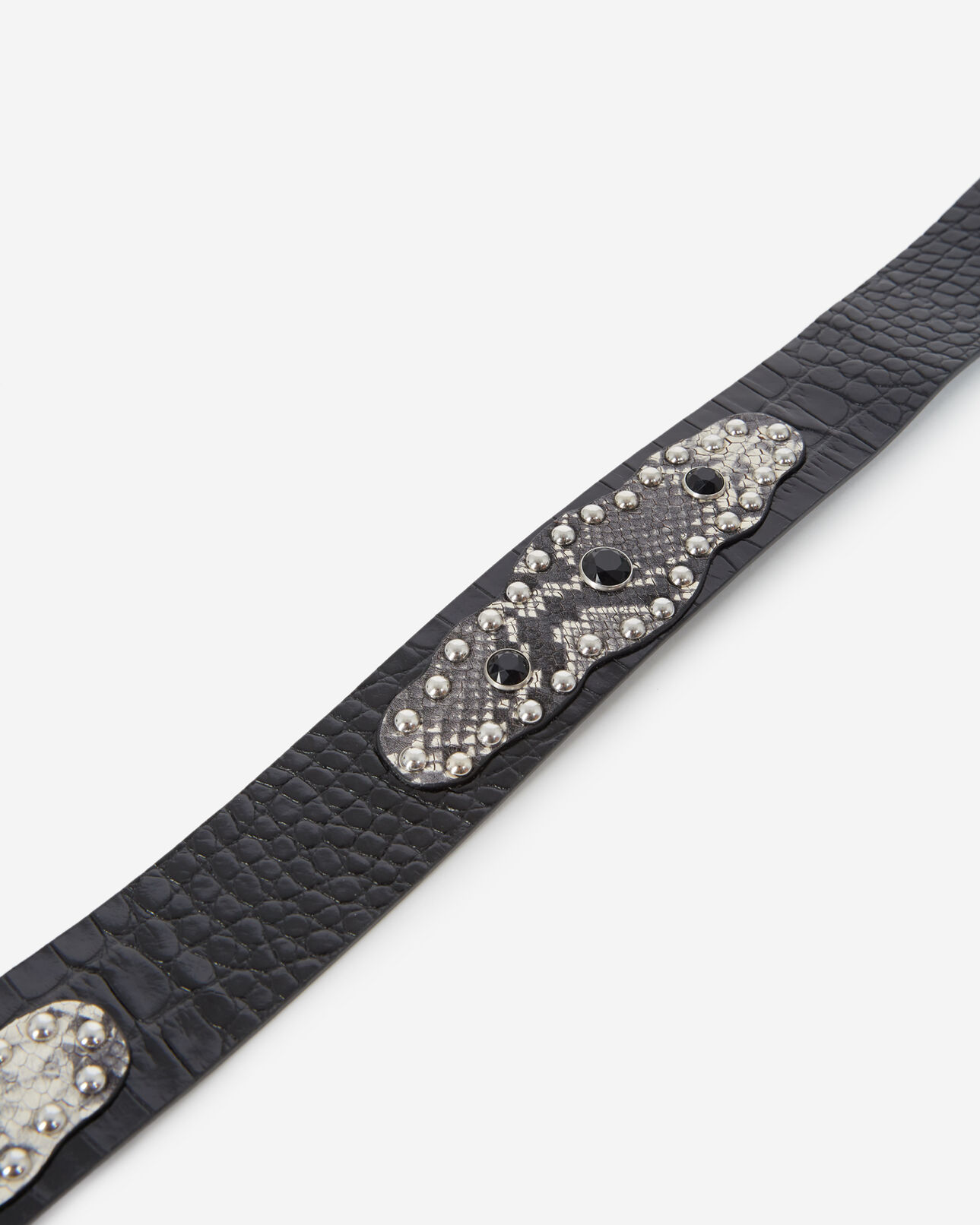 The Kooples WOMEN BLACK WHITE snake-effect black leather belt w/rhinestones