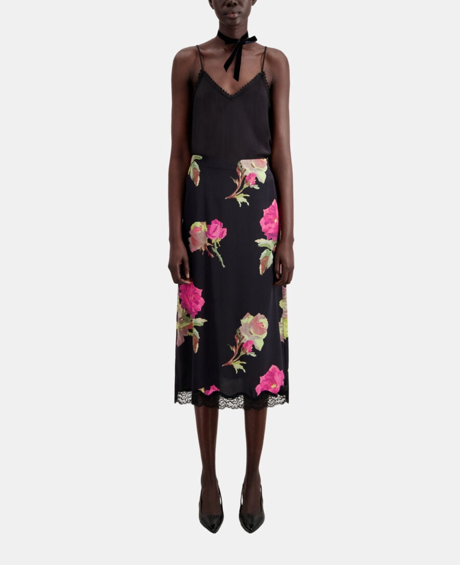 The Kooples WOMEN PINK BLACK long printed silk skirt with lace