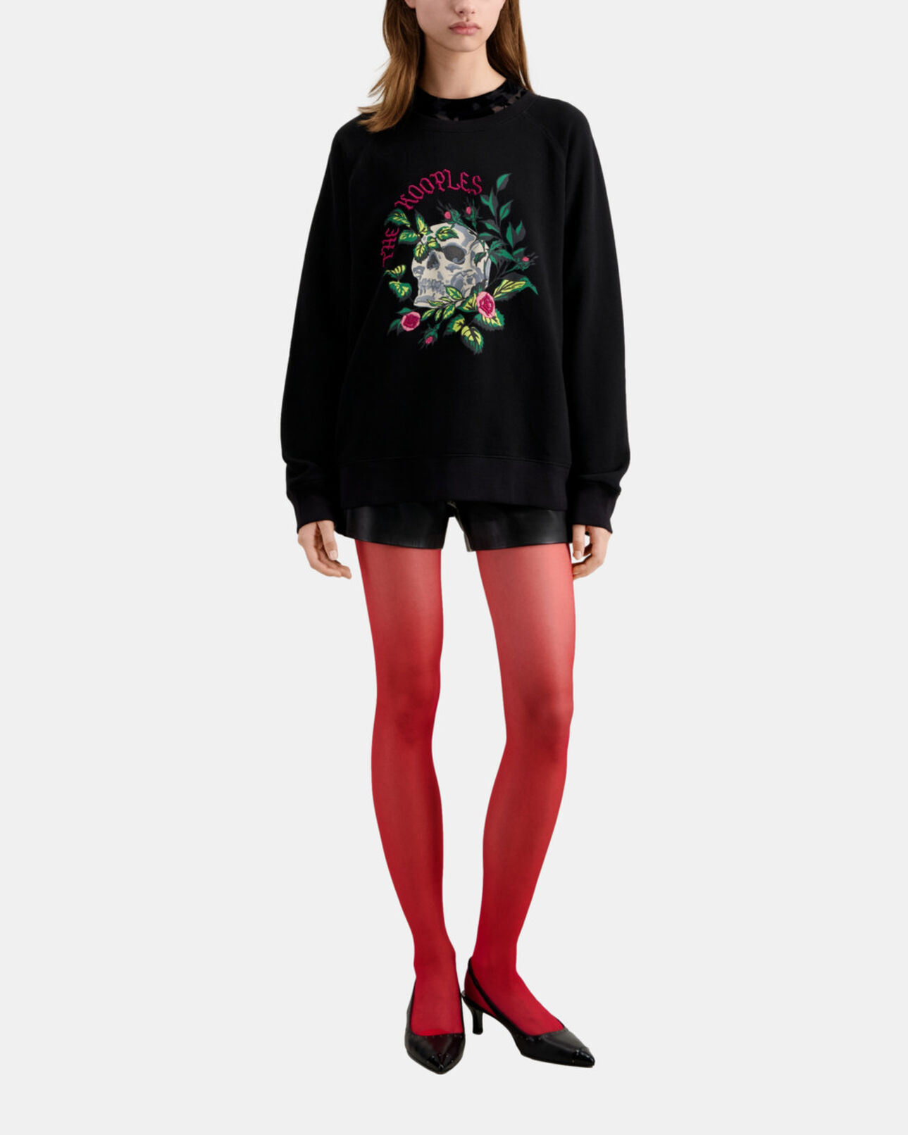 The Kooples WOMEN BLACK black sweatshirt with skull - roses serigraphy