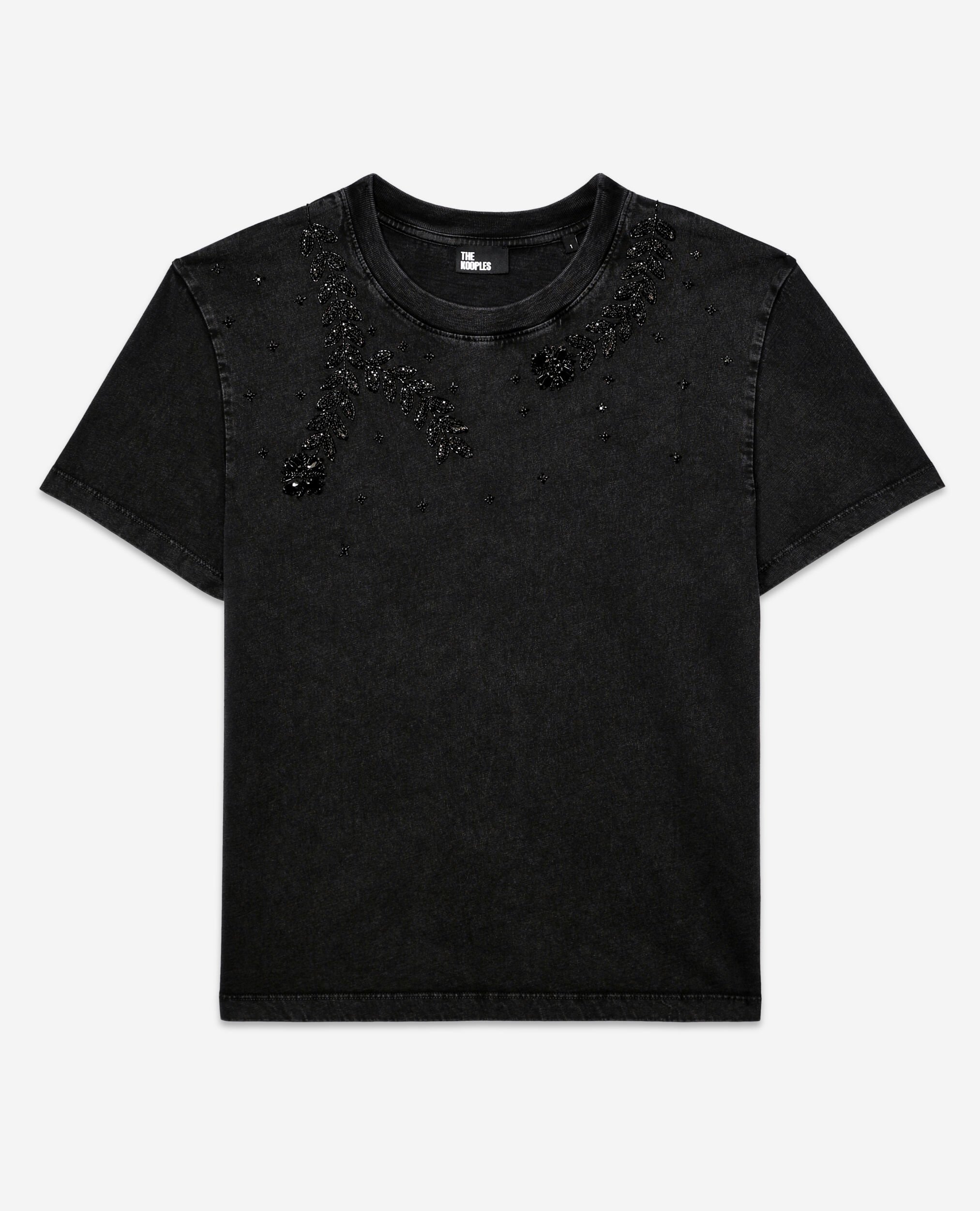 Black t-shirt with bijou embroidery, BLACK WASHED, hi-res image number null
