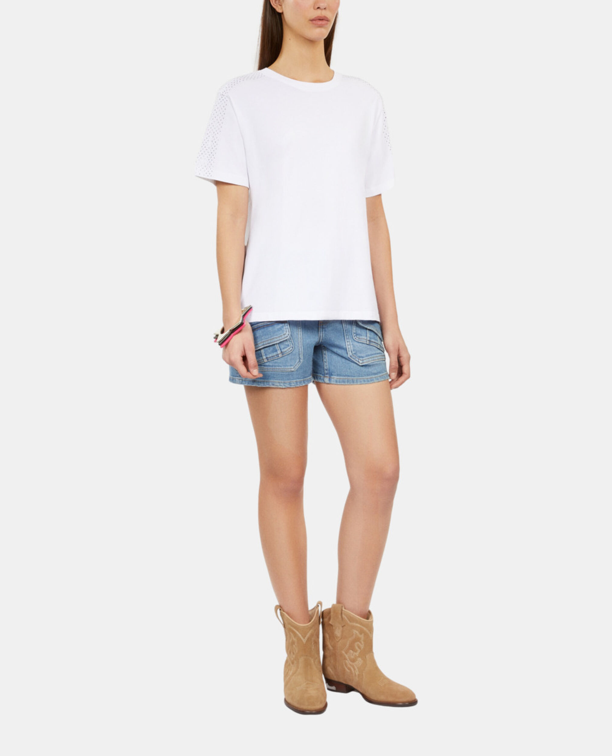 Weißes T-Shirt mit Strassbesatz für Damen, WHITE, hi-res image number null