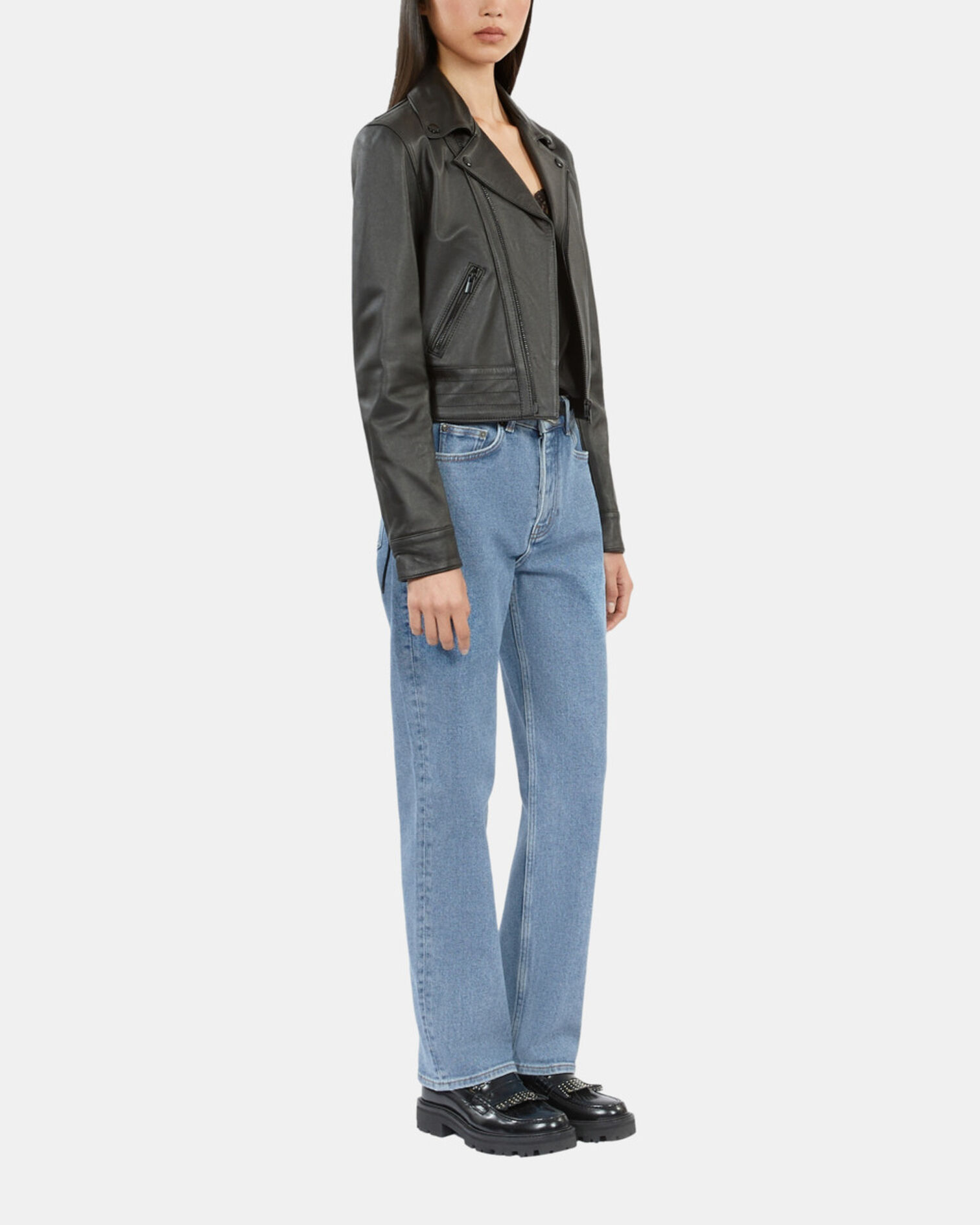 Black leather studded jacket, BLACK, hi-res image number null