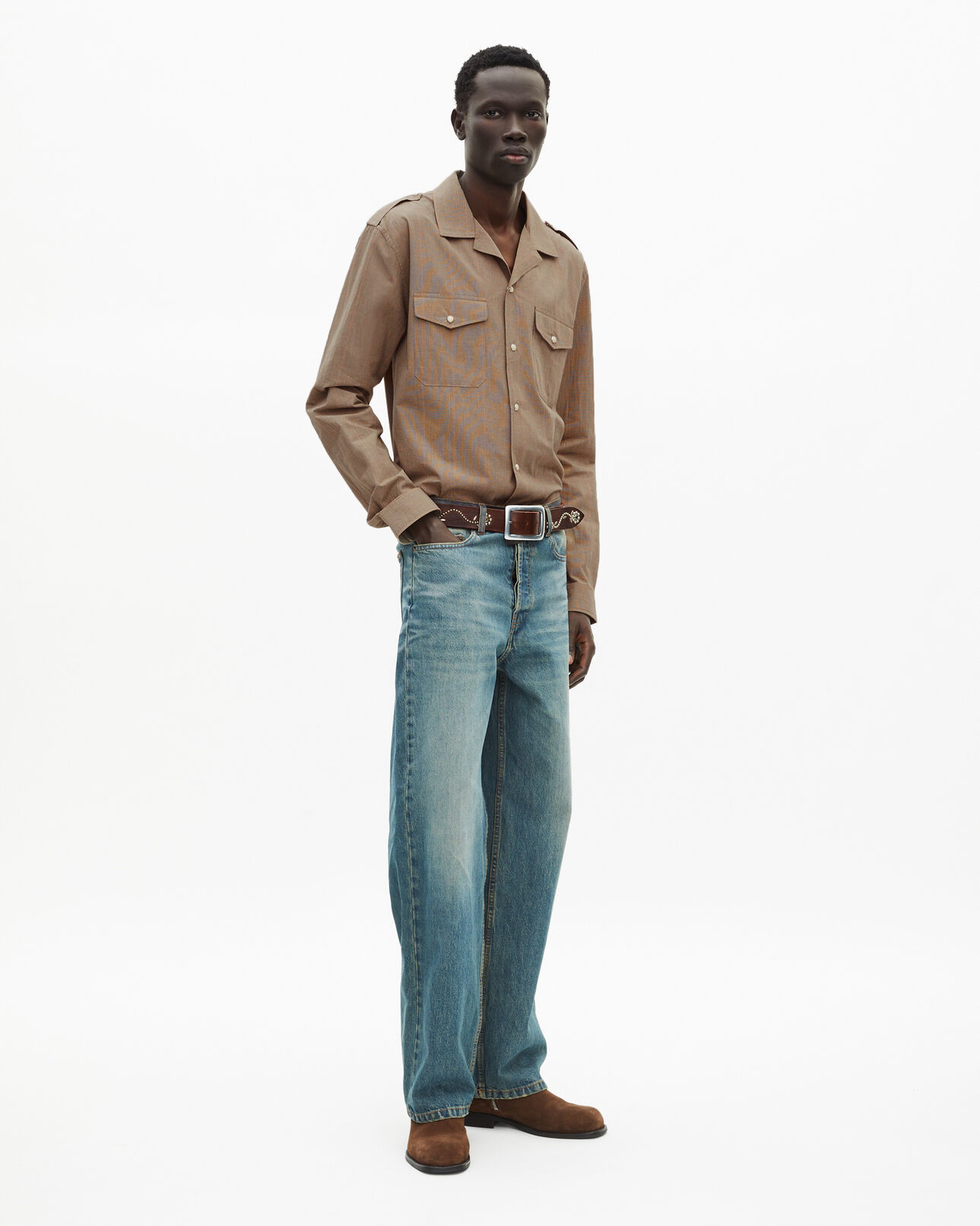 The Kooples MEN BEIGE / BROWN / BLACK long-sleeved shirt with micro-check pattern