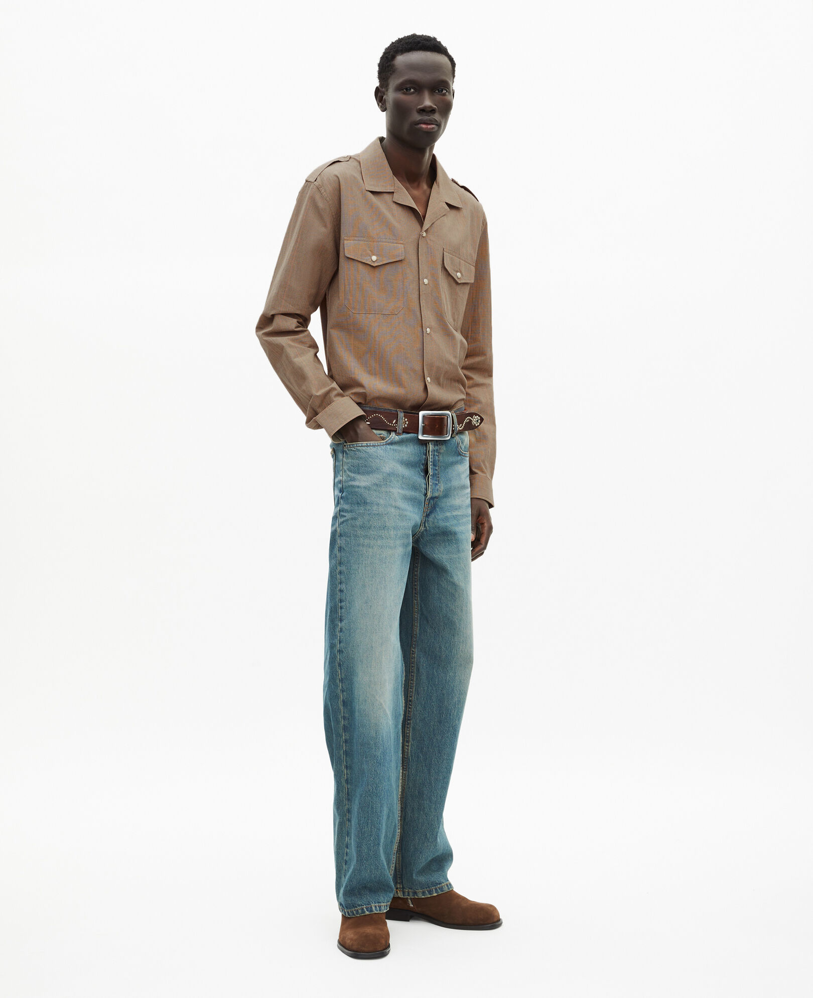 The Kooples MEN BEIGE / BROWN / BLACK long-sleeved shirt with micro-check pattern