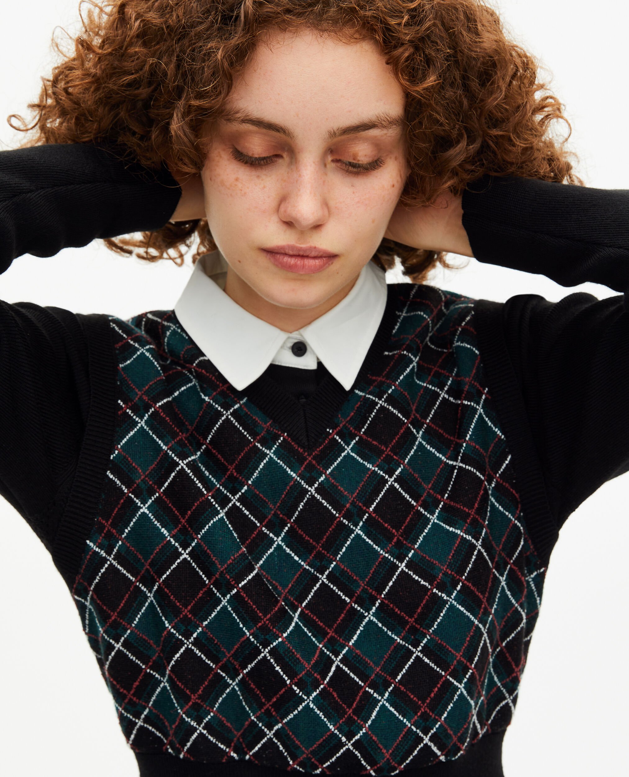 Green check knit short dress, BLACK DARK GREEN, hi-res image number null