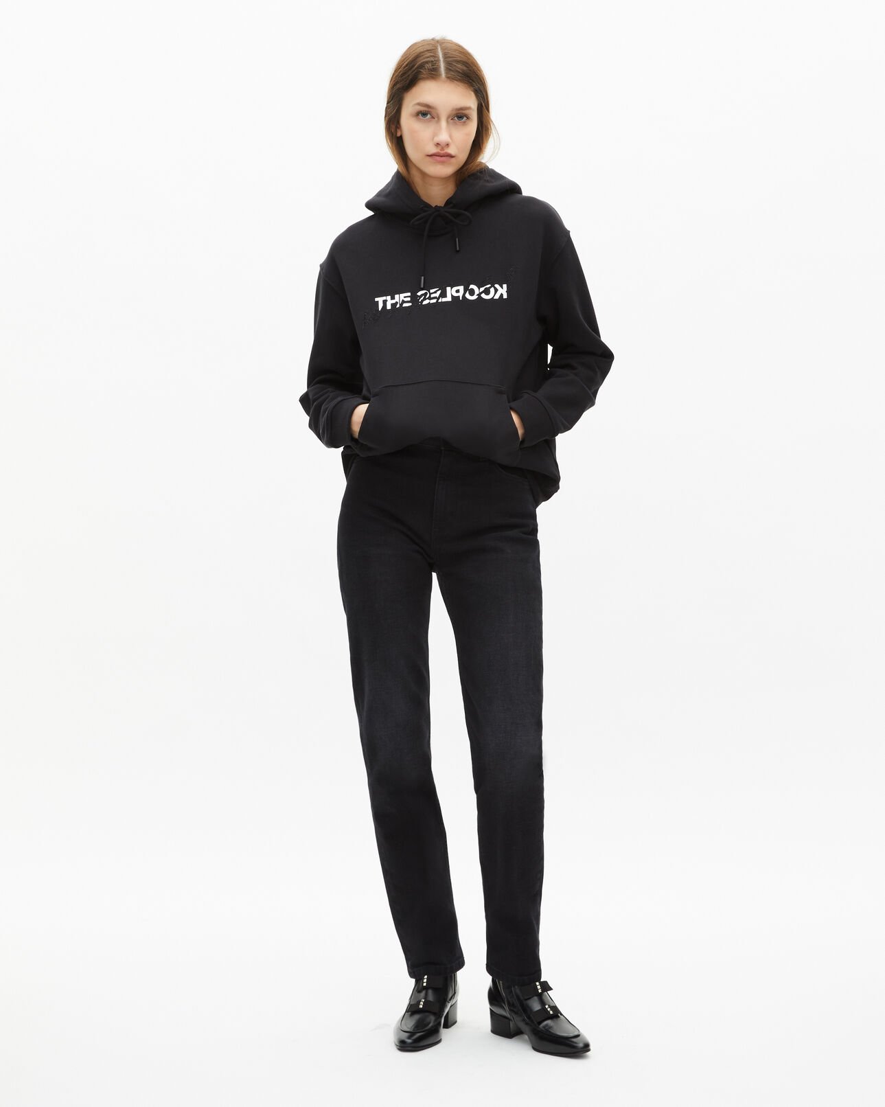 The Kooples DAMEN BLACK schwarzes kapuzensweatshirt „what is“