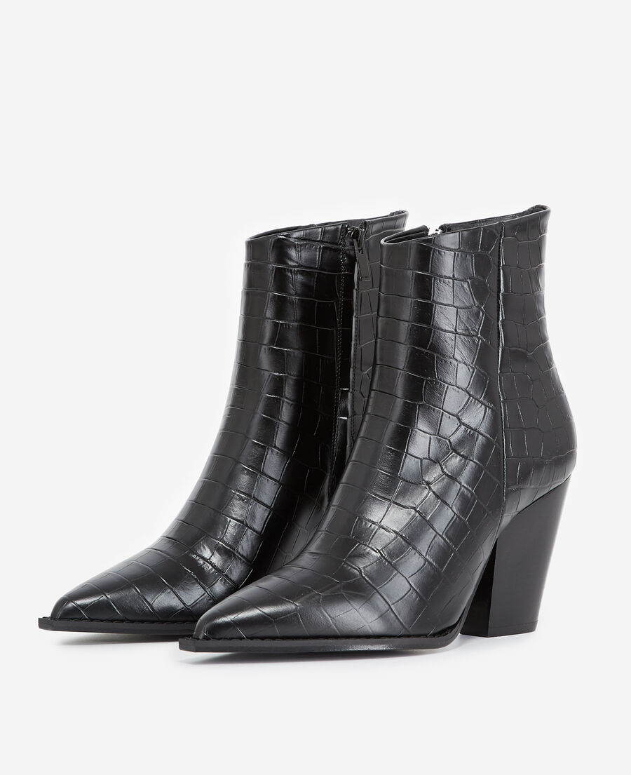 heeled croc-effect black leather ankle boots