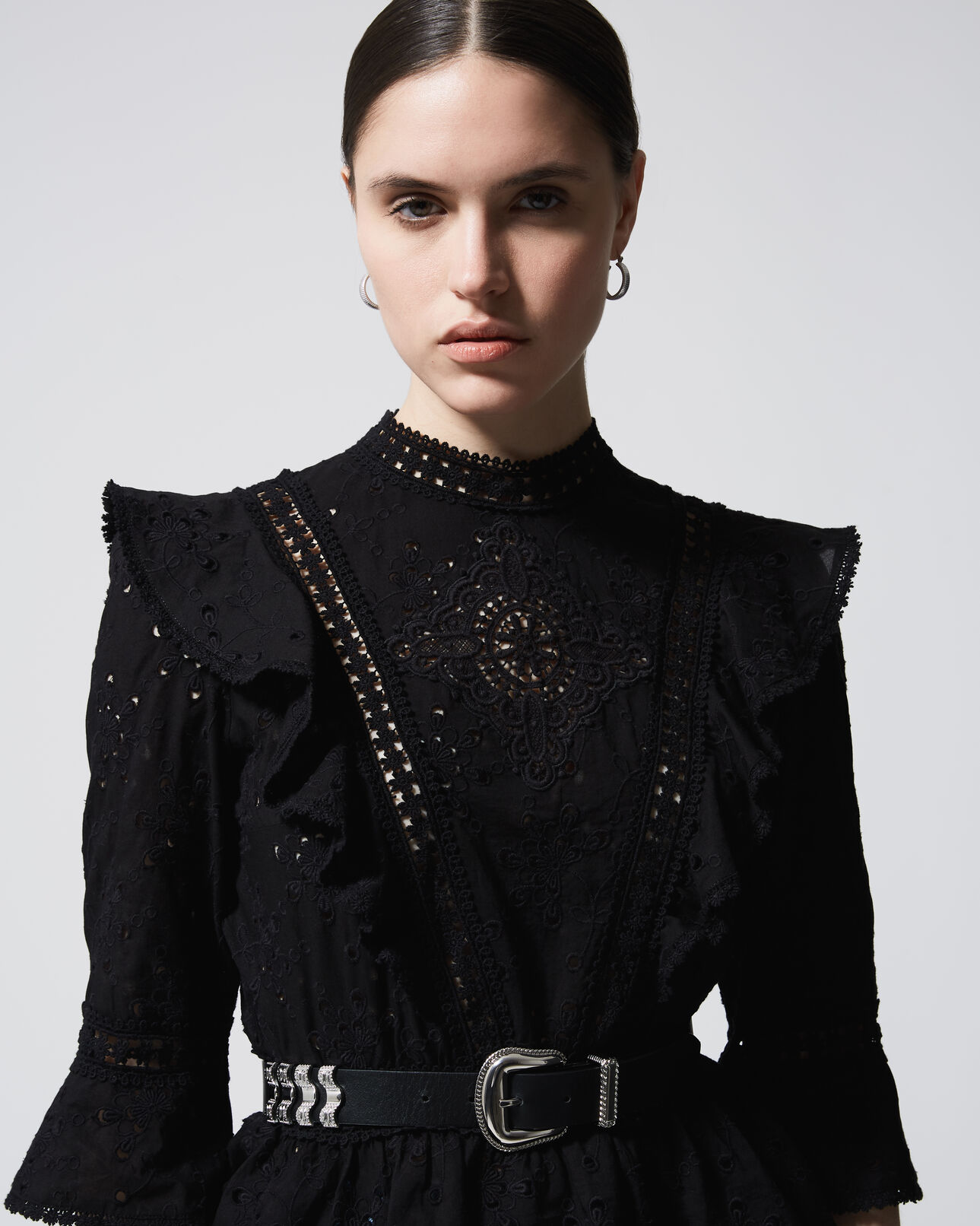 The Kooples FEMME BLACK top brodé noir manches longues à basque