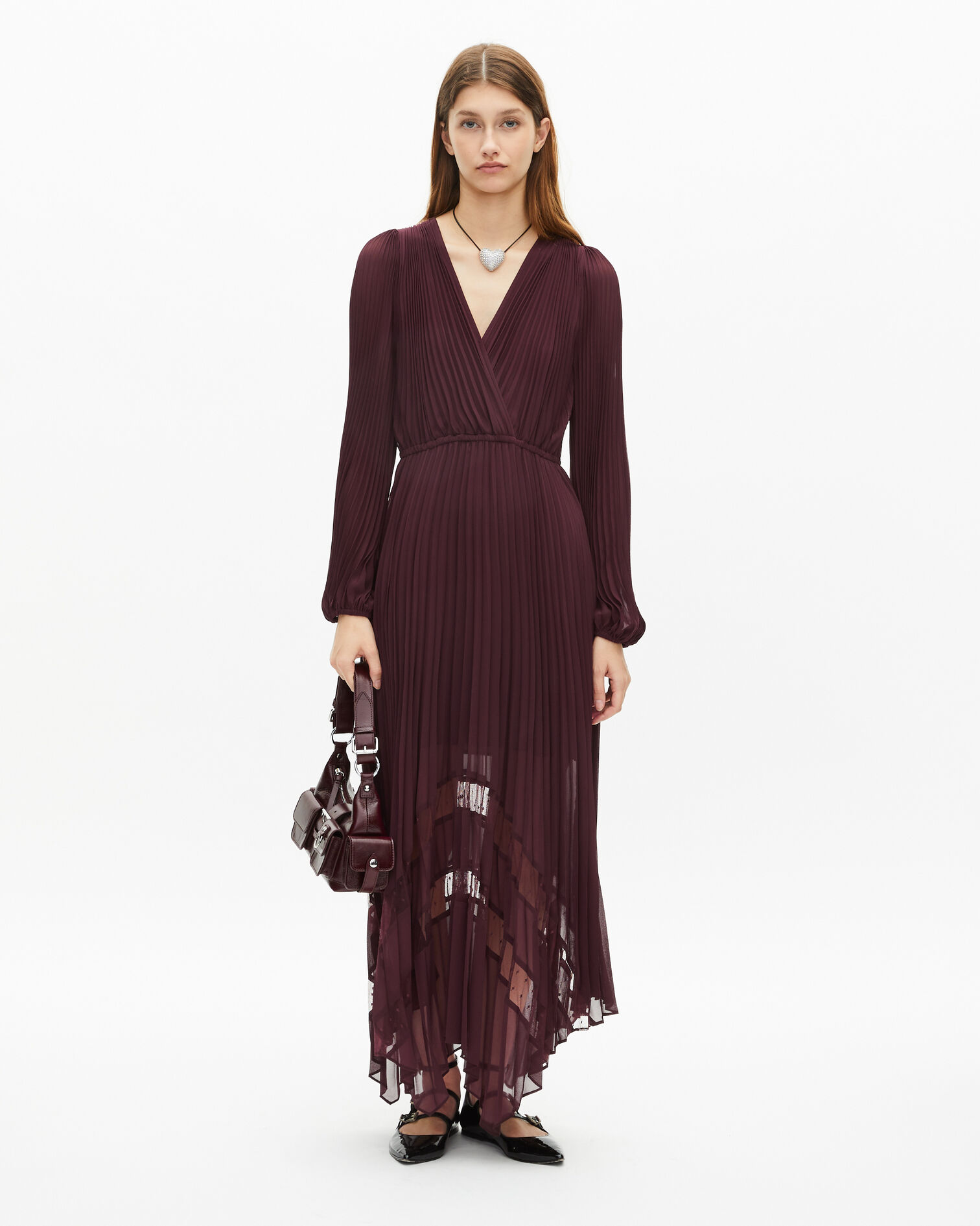 Long burgundy pleated dress, BURGUNDY, hi-res image number null