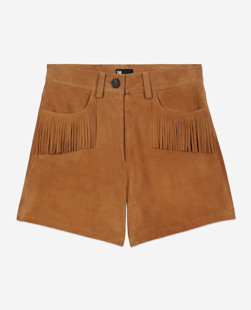 The Kooples FEMME CAMEL short en cuir camel avec franges