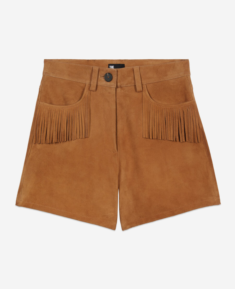 The Kooples F CAMEL camel leather shorts with fringes